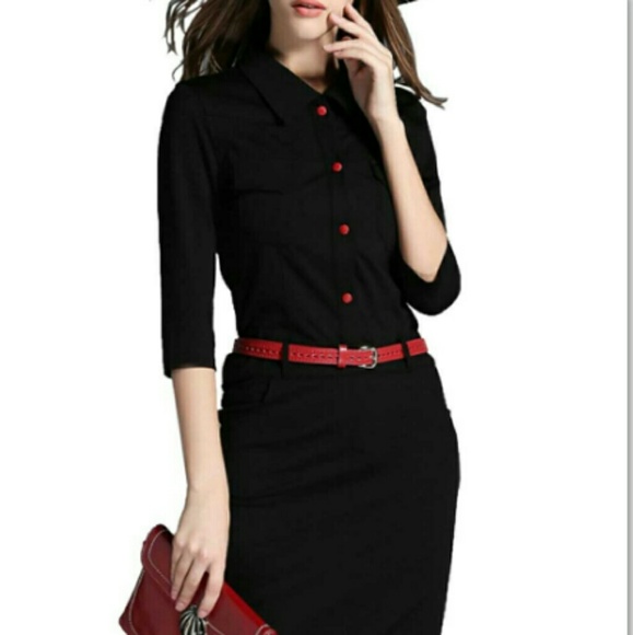 BLACK MIDI DRESS WITH THE RED BELT - Picture 1 of 2